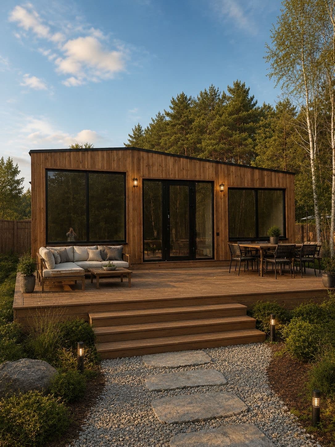 Modular timber house with terrace near forest